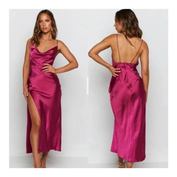 LIONESS walk the line pink midi satin slip dress Barbie side slit - Picture 10 of 10